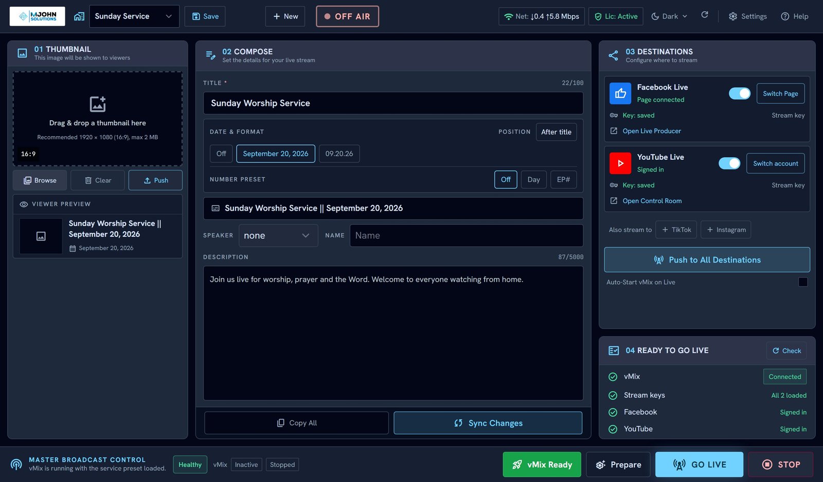 The MJS Live Manager dashboard, with the broadcast thumbnail, the title and description being written, the YouTube and Facebook destinations, and the go-live checklist